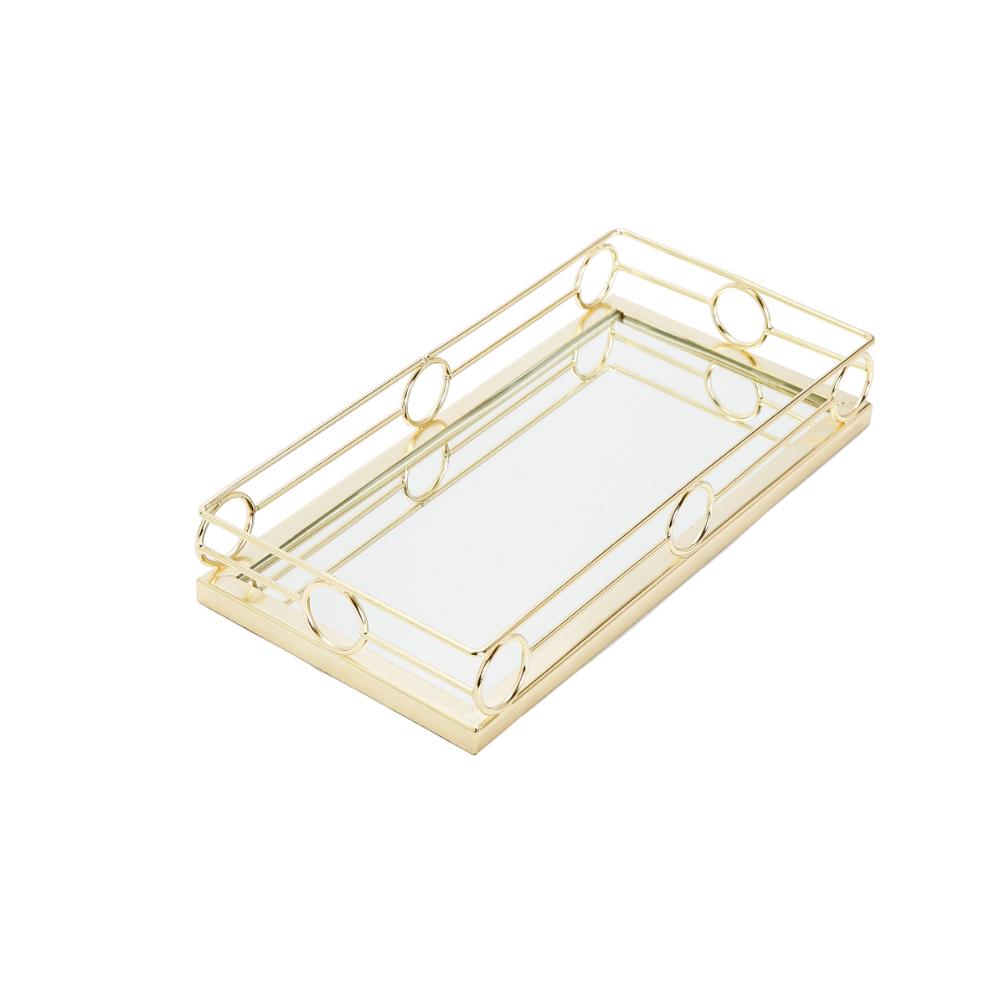 Oblong Mirror Tray with Gold Design 14"L