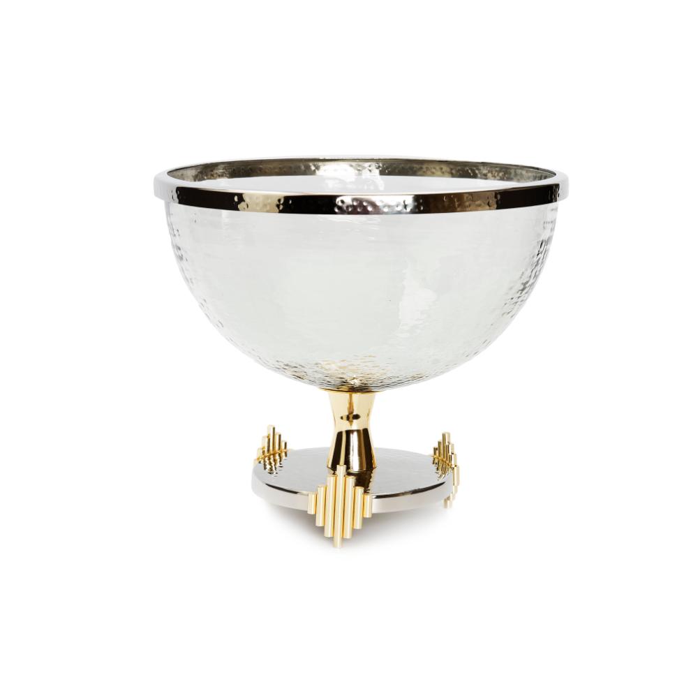 Stainless Steel Footed Glass Bowl w/ Gold Symmetrical Design