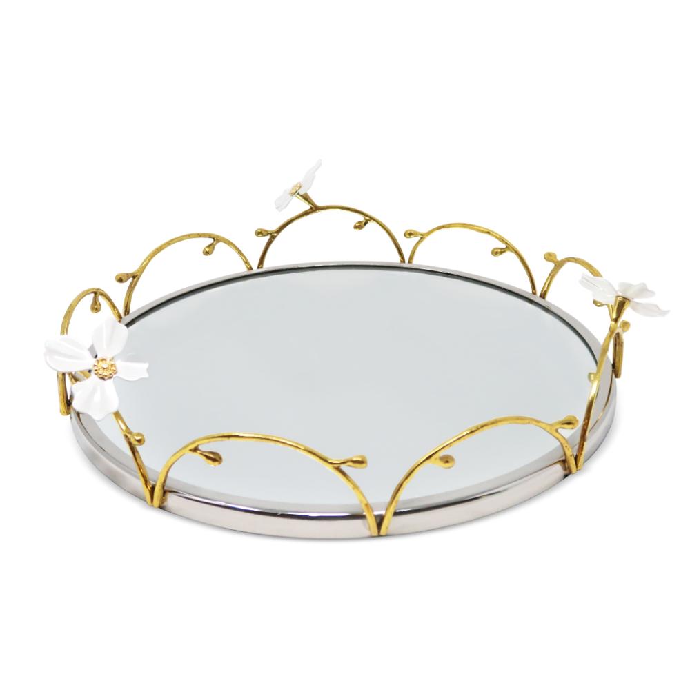Gold Loop Round Tray with Jewel Flowers Design, 13"D