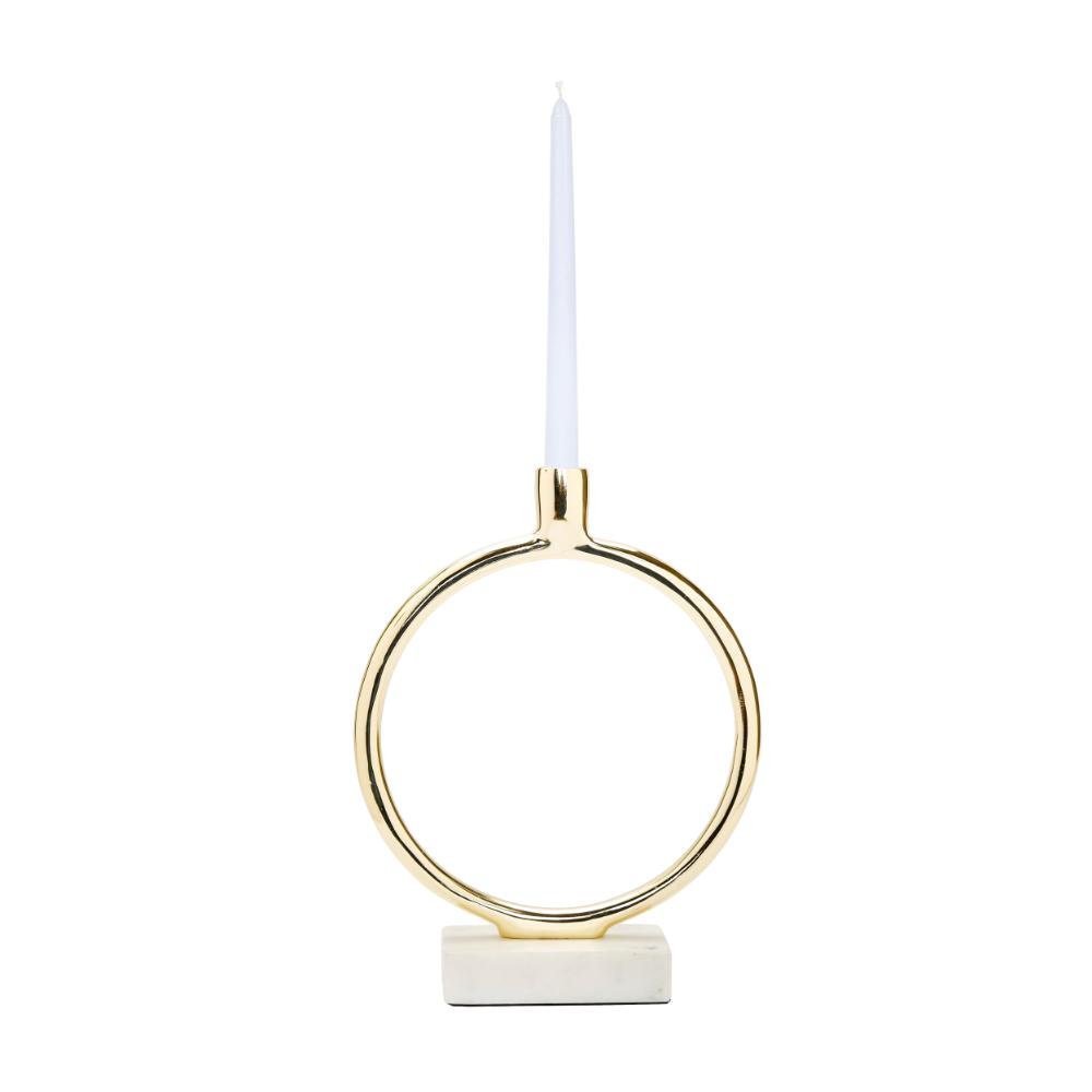 Gold Circular Taper Candle Holder on Marble Base - 11.75"H
