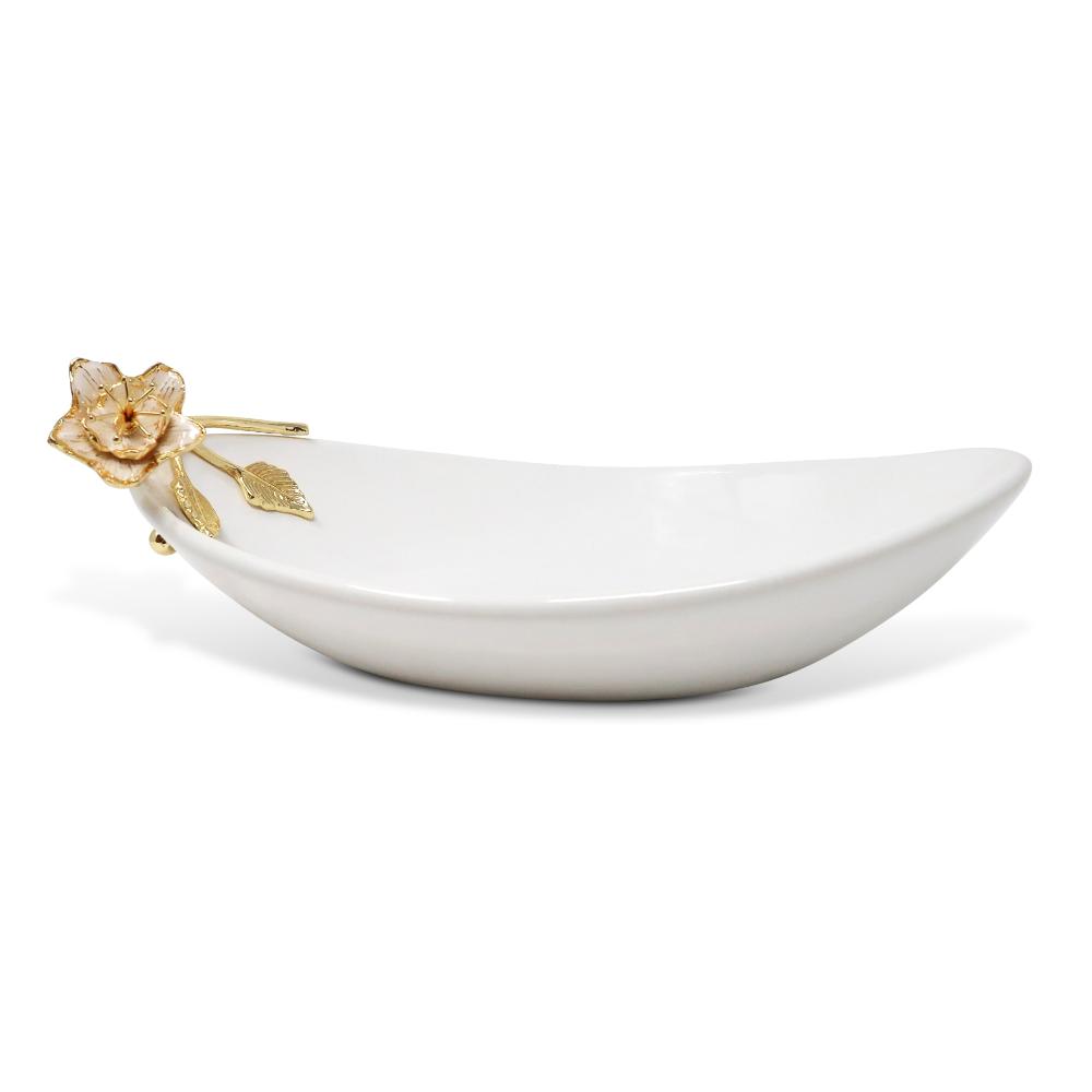 Porcelain Oval Bowl with Gold Flower Detail, 11"L