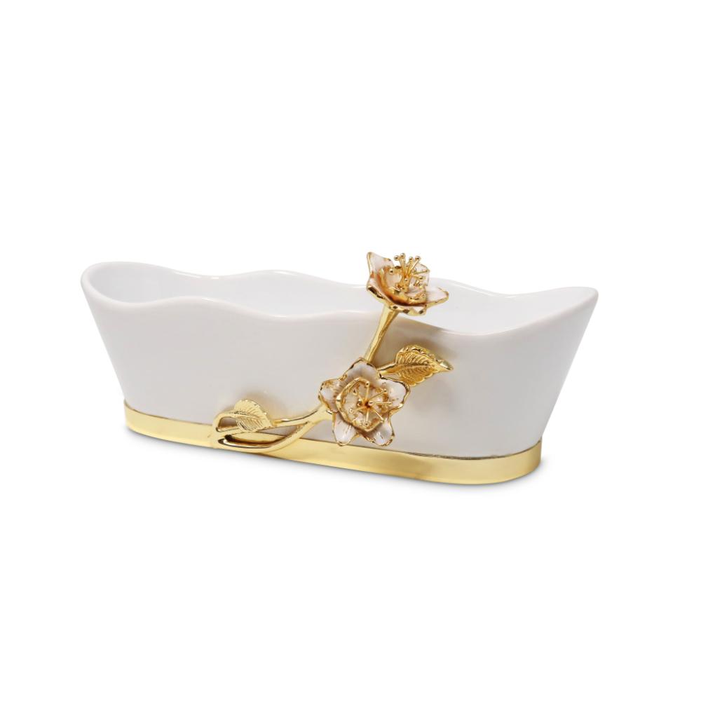 Porcelain Rectangle Bowl with Gold Flower Detail, 11"