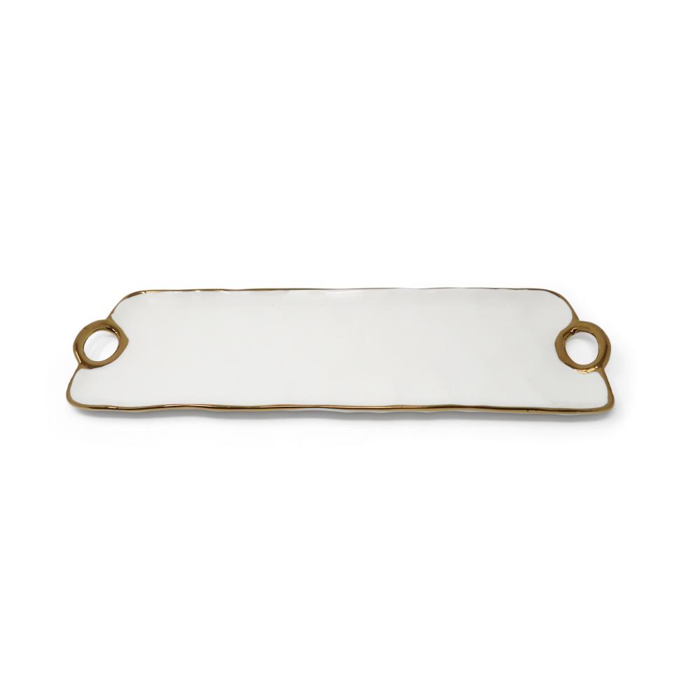 White Porcelain Oblong Tray with Gold Trim and Handles 15.25"L