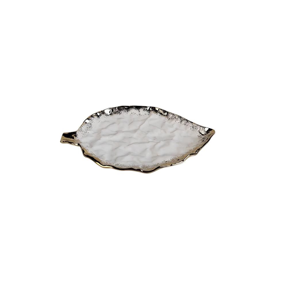 White Porcelain Leaf Dish With Gold Edge, 15"
