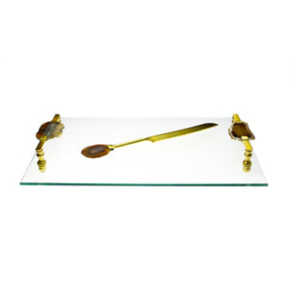 Glass Challah/Cheese Board with Agate Stone Handles and knife