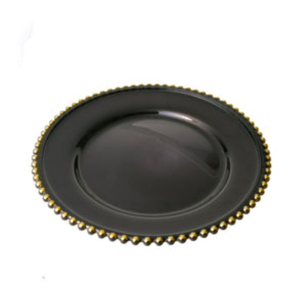 Set Of 4 Black Chargers With Gold Beaded Rim - 13"D