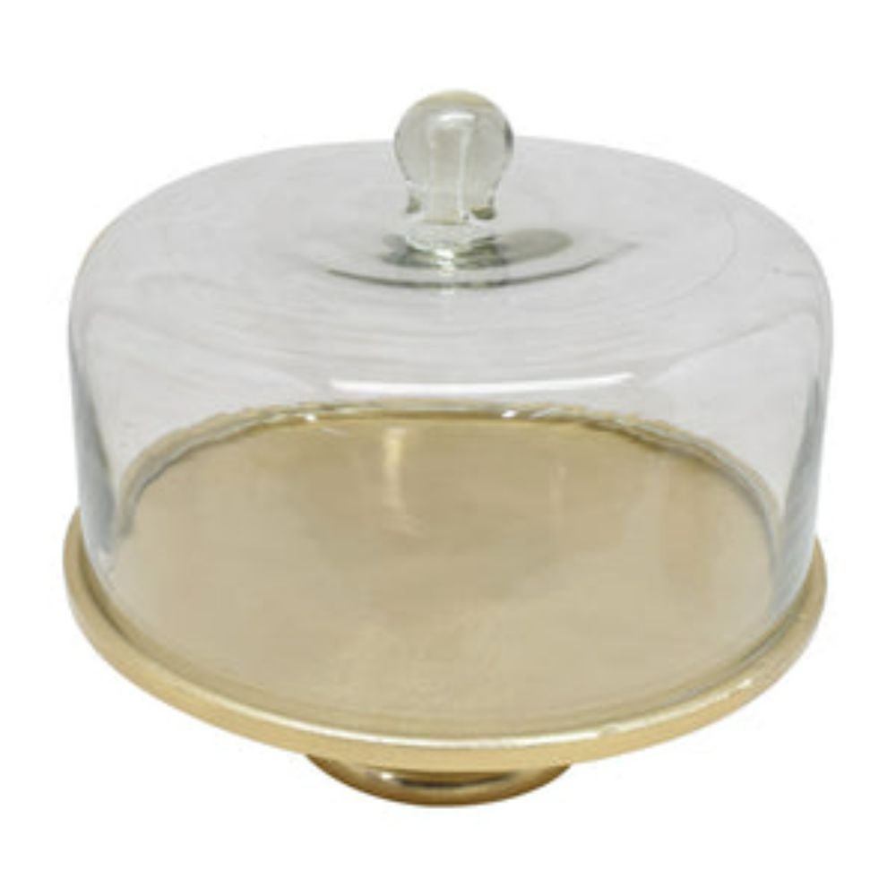 12.5"D Hammered Gold Cake Plate with Glass Dome