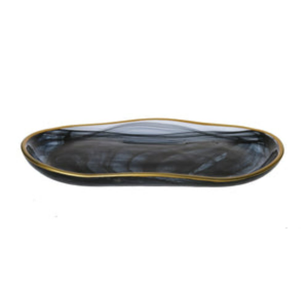 Black Alabaster Oval Tray With Gold Scalloped - 11" X 5.5"