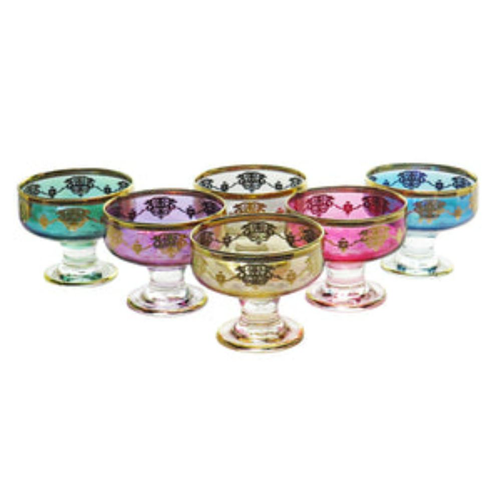 Set of 6 Dessert Cups with Gold Design-Assorted Colors