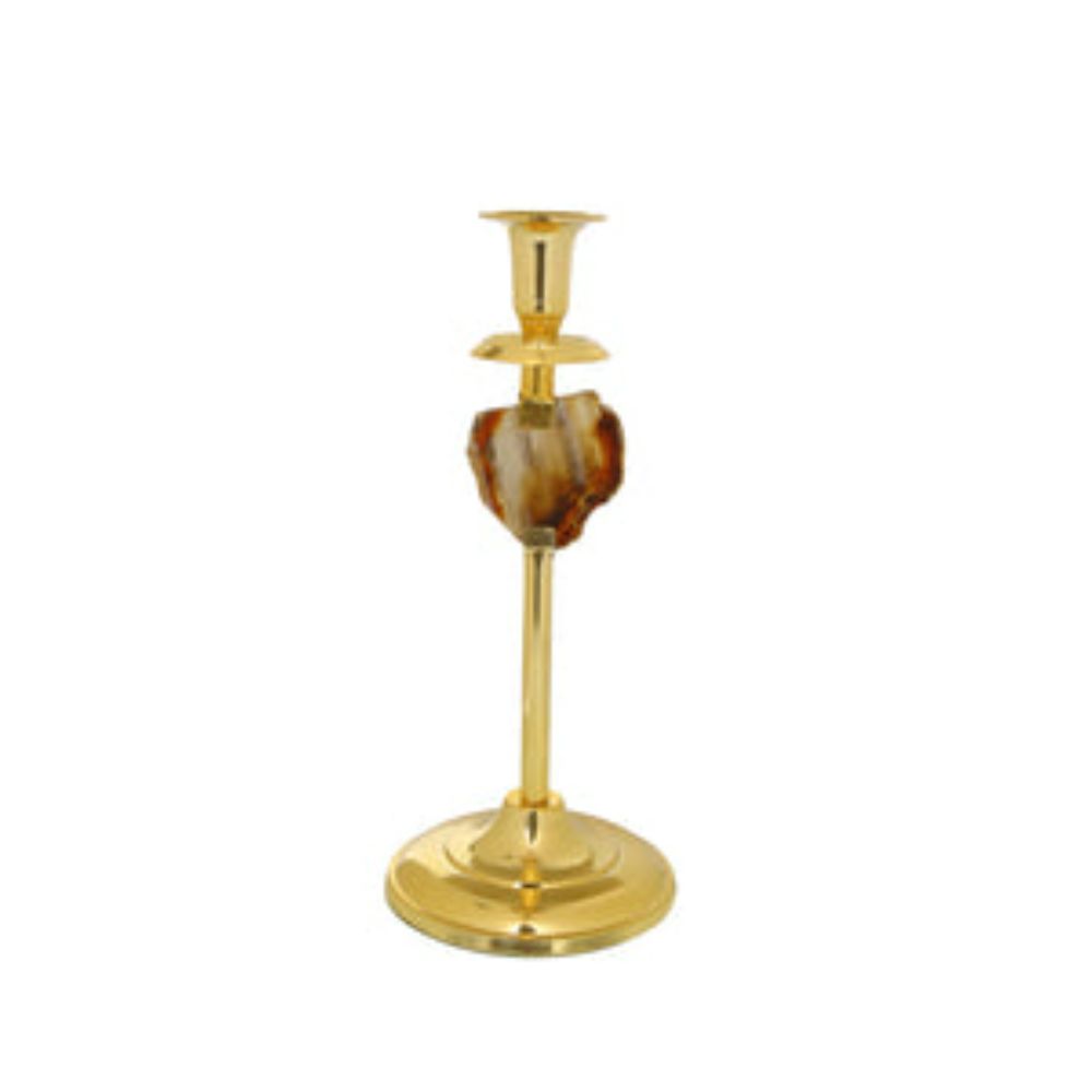Gold Stainless Steel Candle Holder With Agate Stone Stem - 11.5"