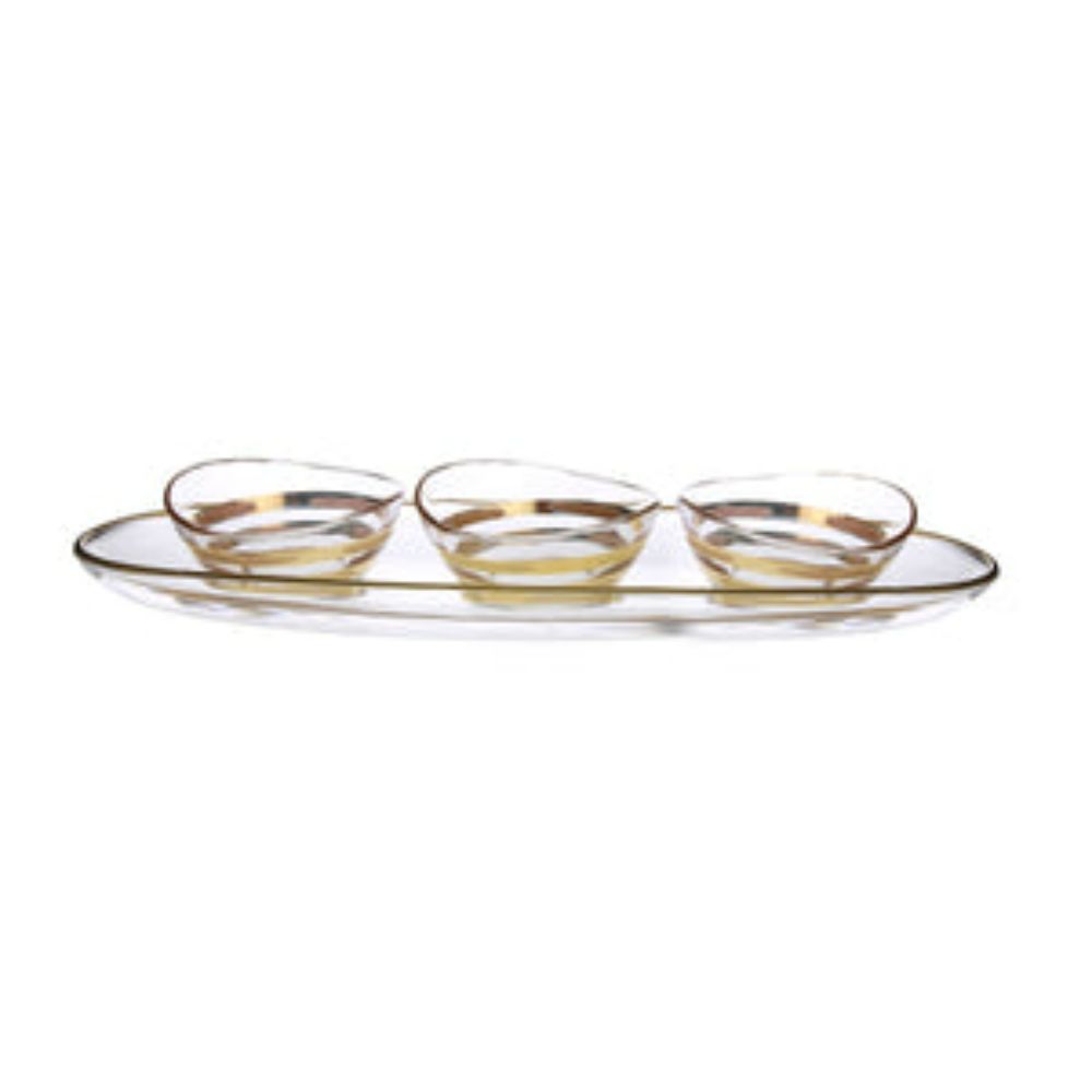 3 Bowl Relish Dish on Tray with 14K Gold Brick Design
