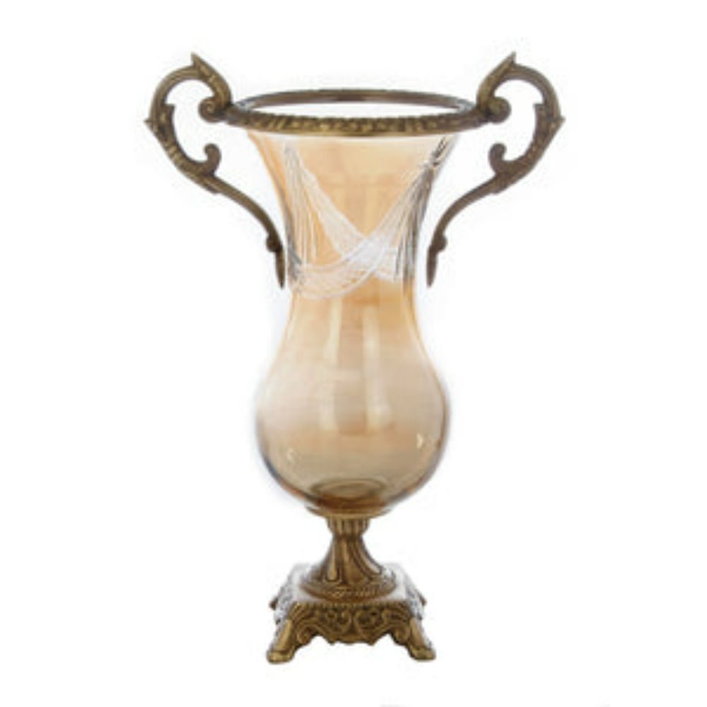 14" Glass Amber Brass Vase