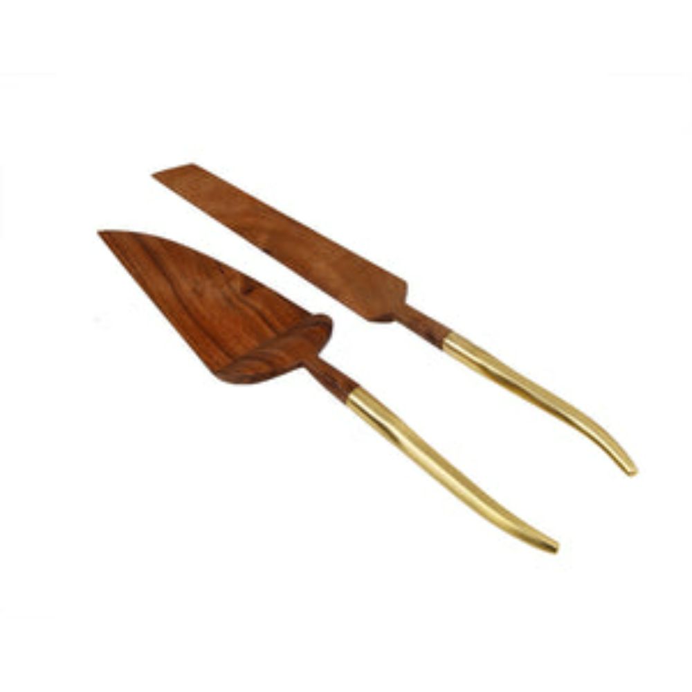 S/2 Wooden Cake Servers With Gold Handle