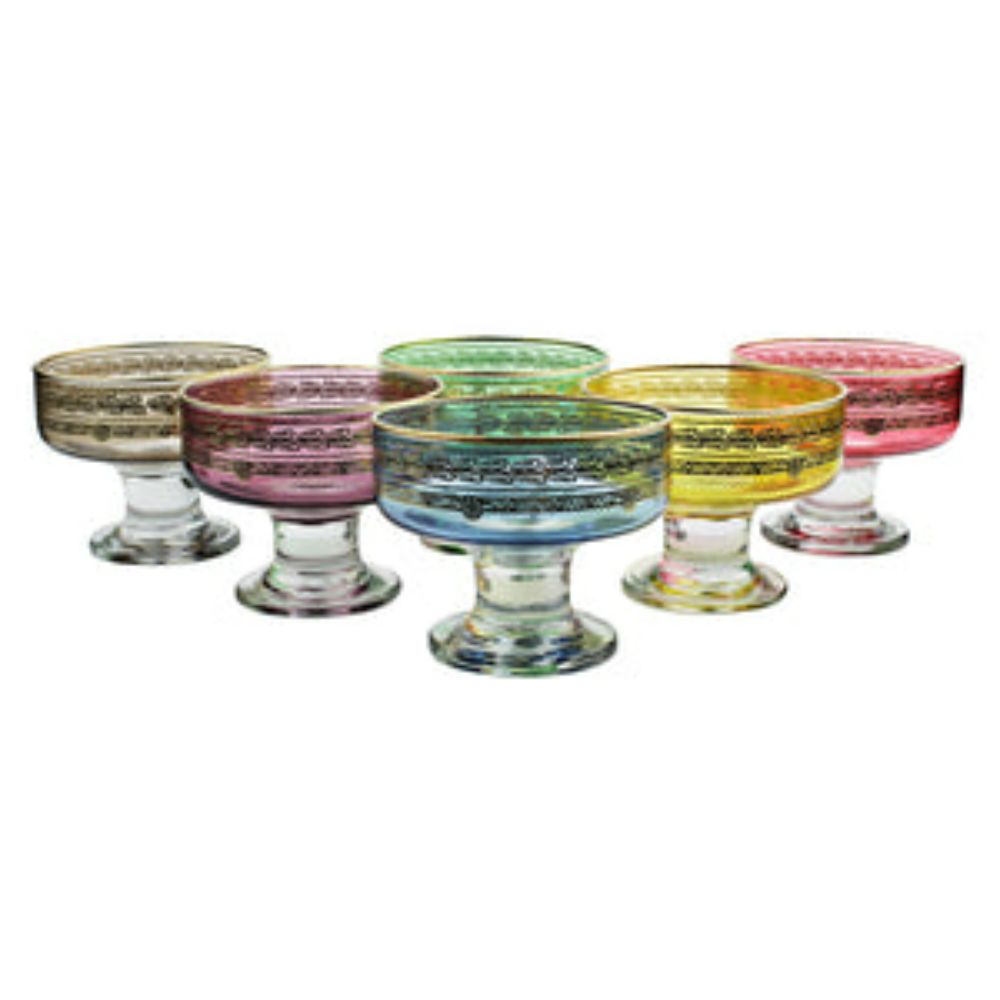 Set of 6 Colored Dessert Bowls With Rich Gold Design- Dishwashing Safe