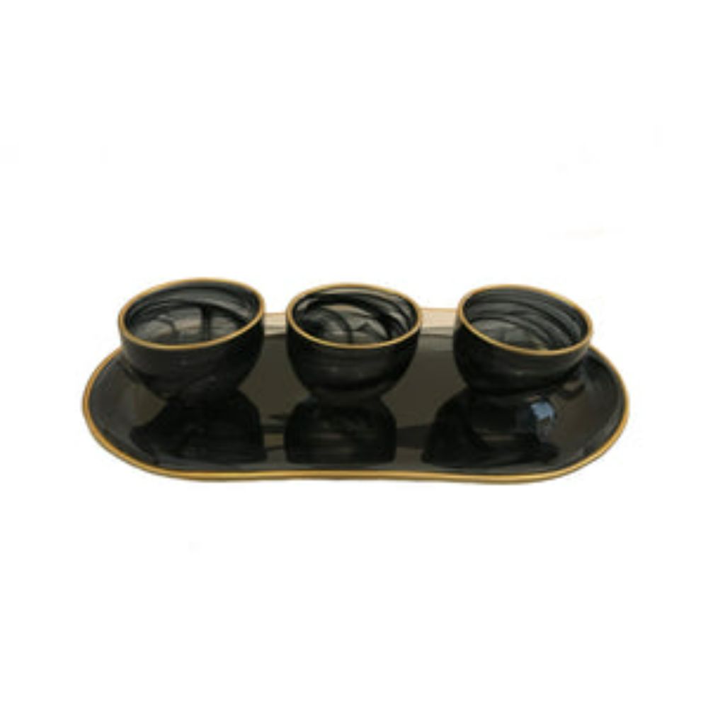 Set of 3 Bowls with Tray-Black Alabaster with Gold Trim-Tray