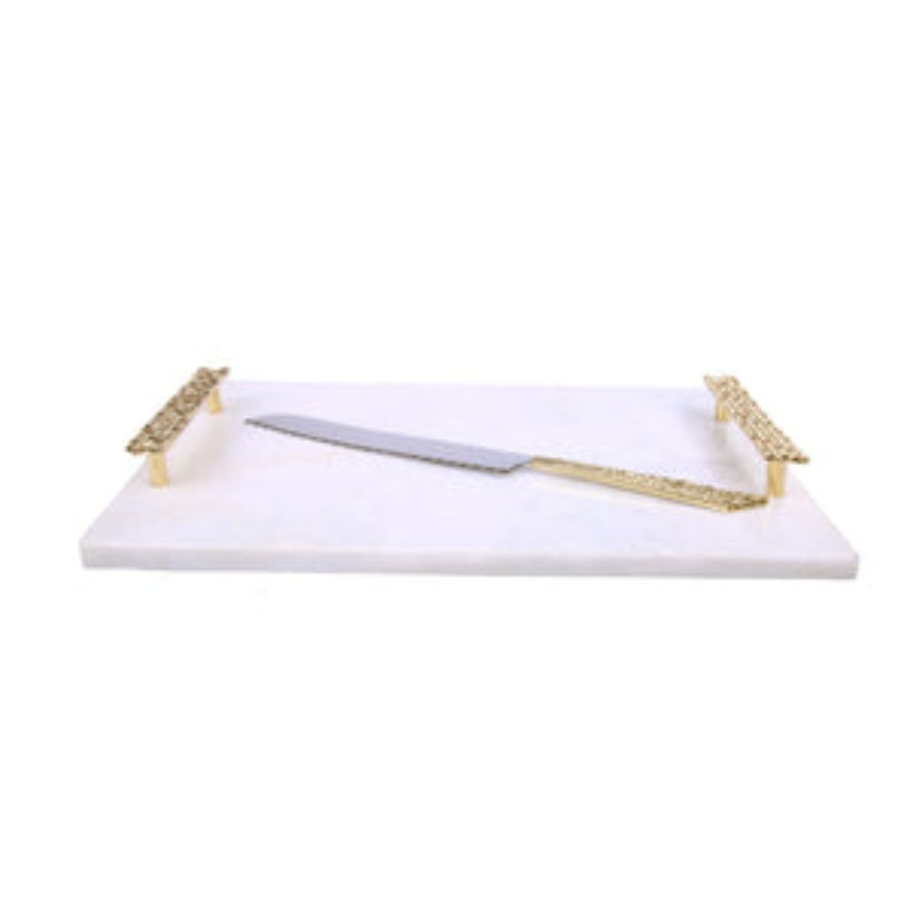 15.25"L White Marble Challah Tray With Mosaic Handles