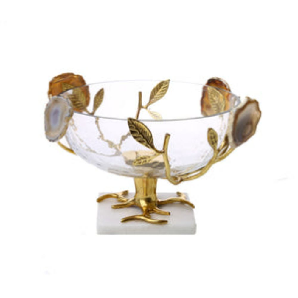 Glass Salad Bowl With Gold Leaf-Agate Stone Design - 8.25"D X 15"H