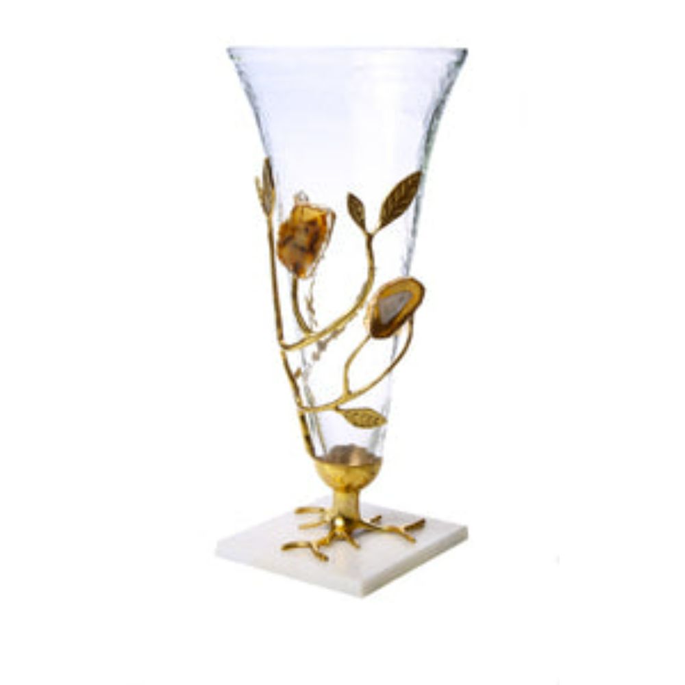 Glass Vase With Gold Leaf-Agate Stone Design - 6.75"D X 15"H