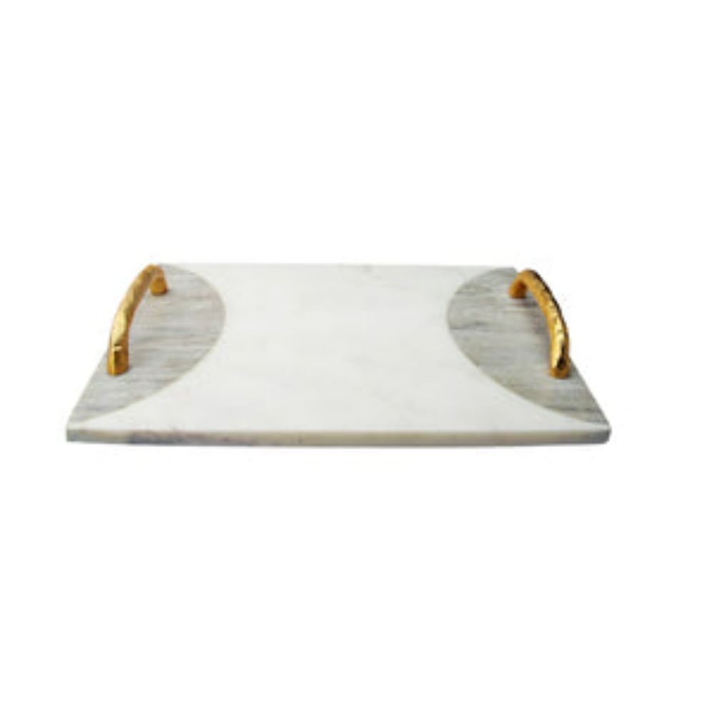 Two Tone Marble Challah Tray with Gold Handles and Knife