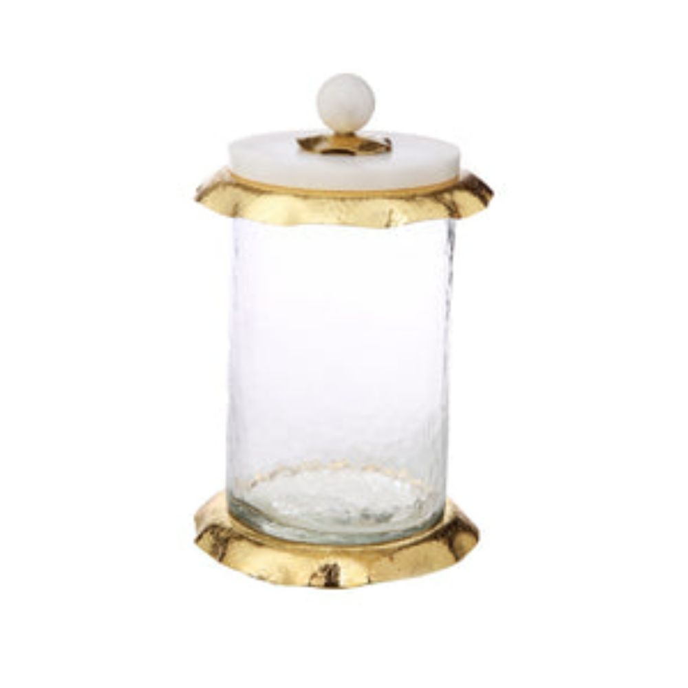Medium Glass Canister With Marble And Gold Lid - 5”D x 9”H