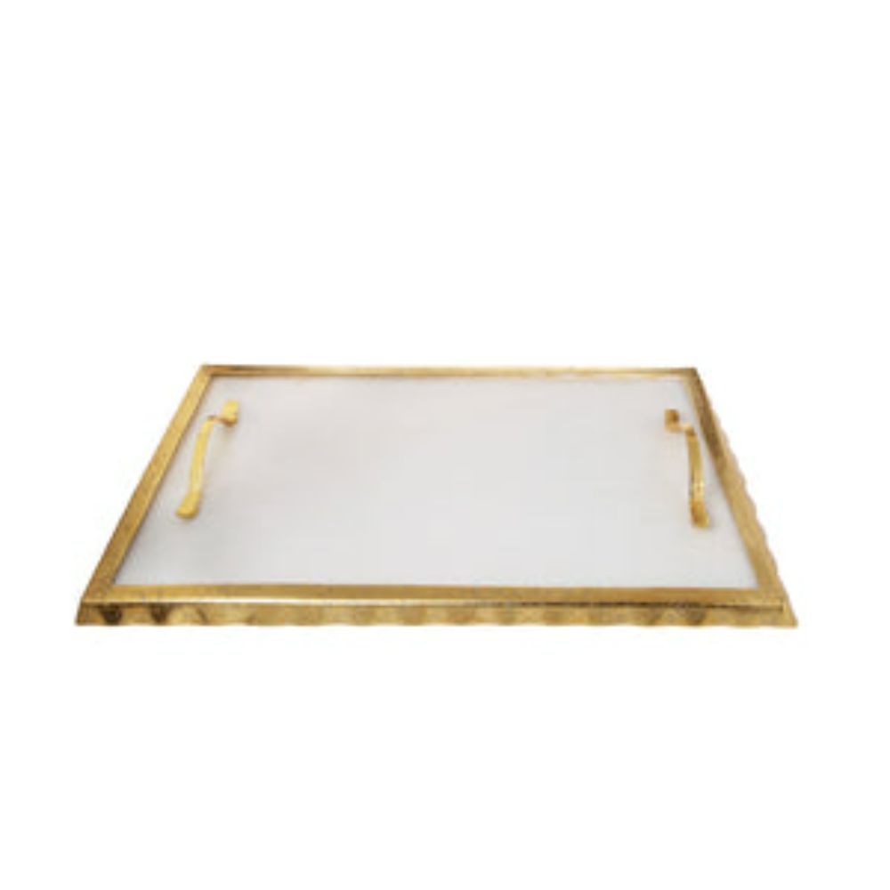 White Marble Challah Tray With Gold Rim And Handles - 17 .25"L X 10.25"W X 1.5"H