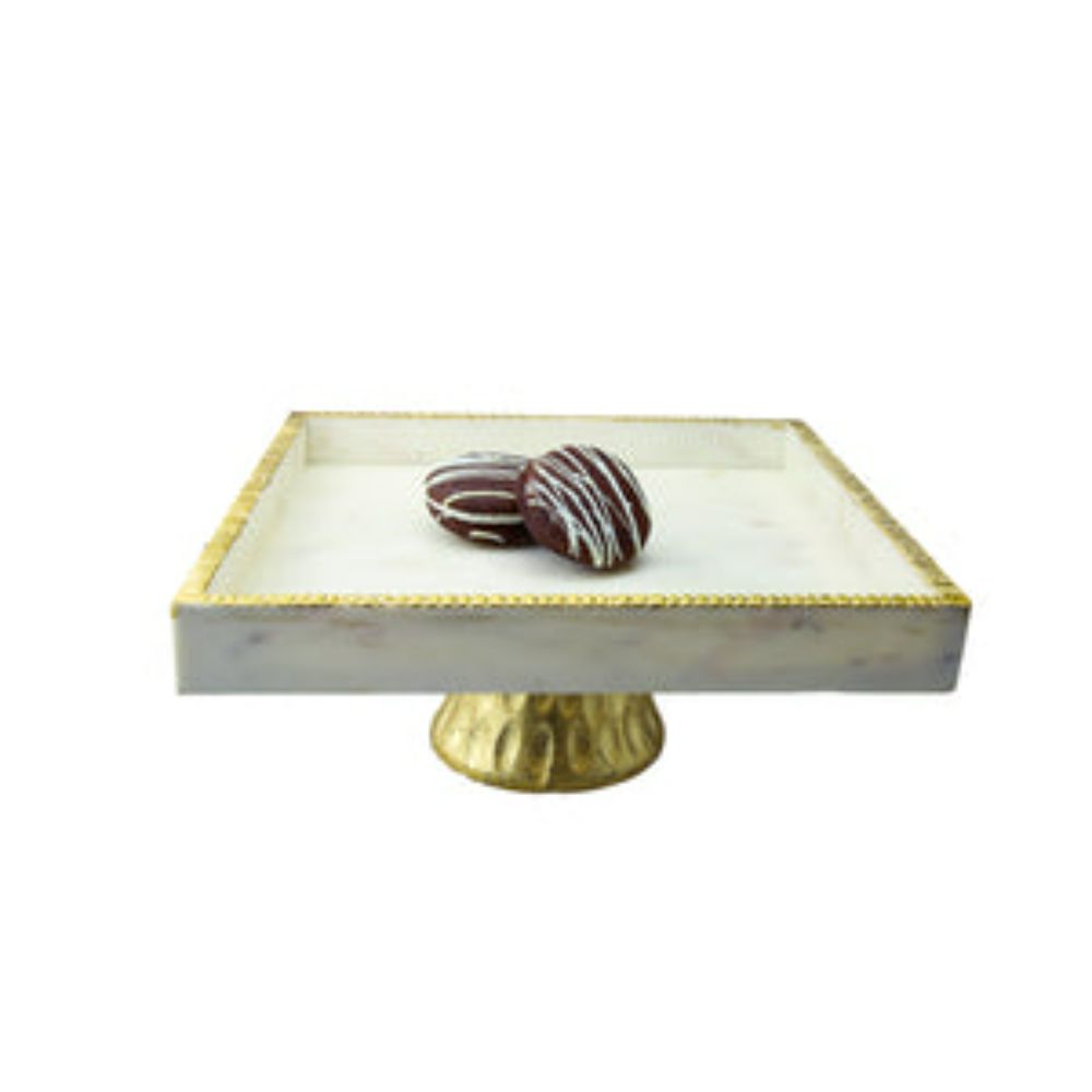White Marble Square Cake Stand with Gold Base and Trim