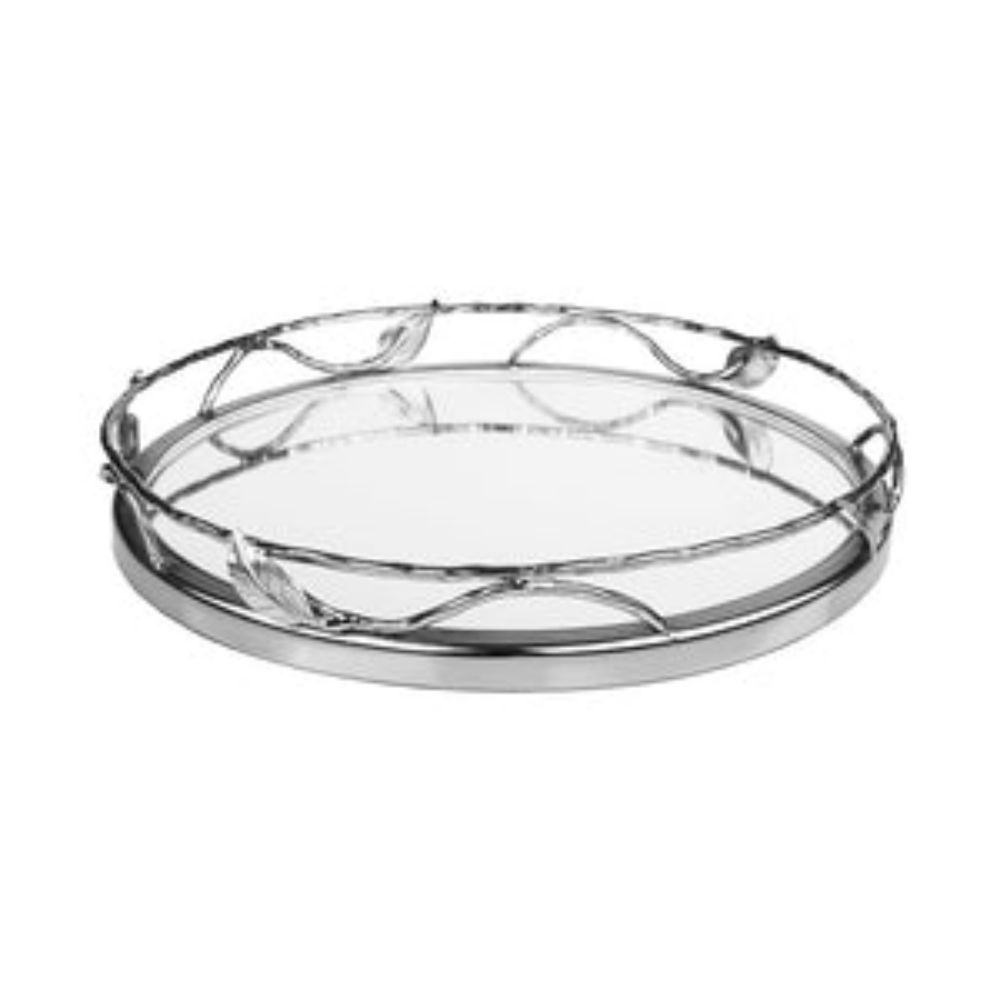 Round Mirror Tray With Nickel Leaf Design - 11.25"D X 2"H