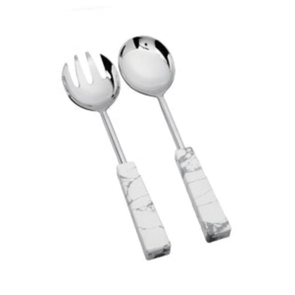 Set of 2 Stainless Steel Salad Servers with White and Grey Stone Handles
