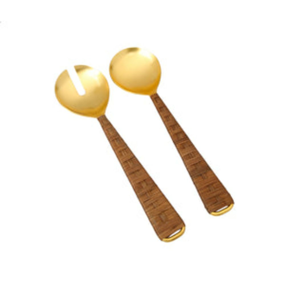 Set of 2 Gold Salad Servers with Rattan Wrapped Handles