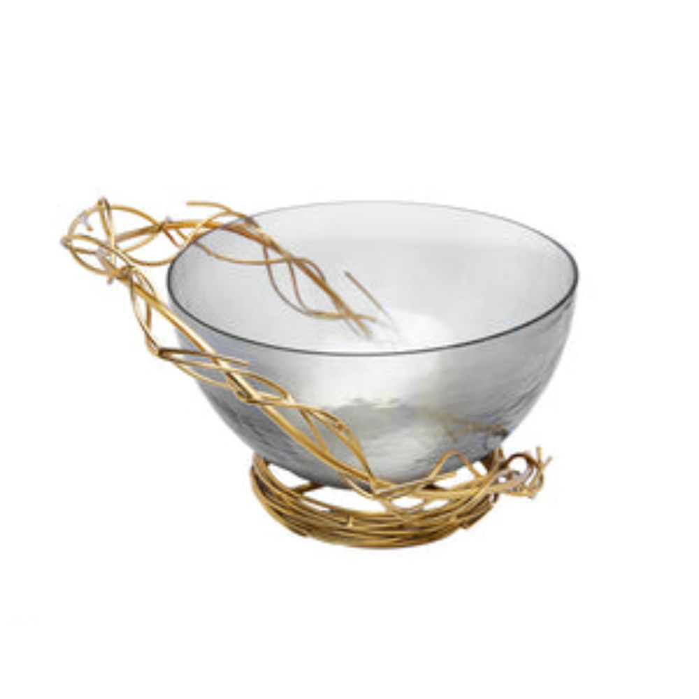 Smoked Glass Salad Bowl with Gold Twig Design