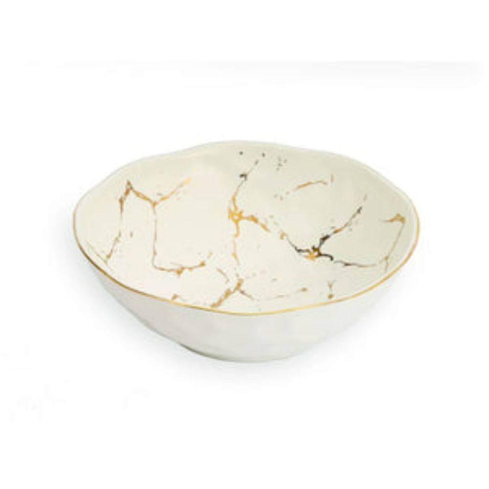 White Porcelain Bowl with Gold Design - 8.75"D x 3"H