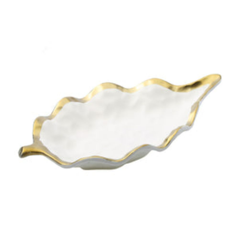 White Porcelain Leaf Dish Bowl with Gold Rim