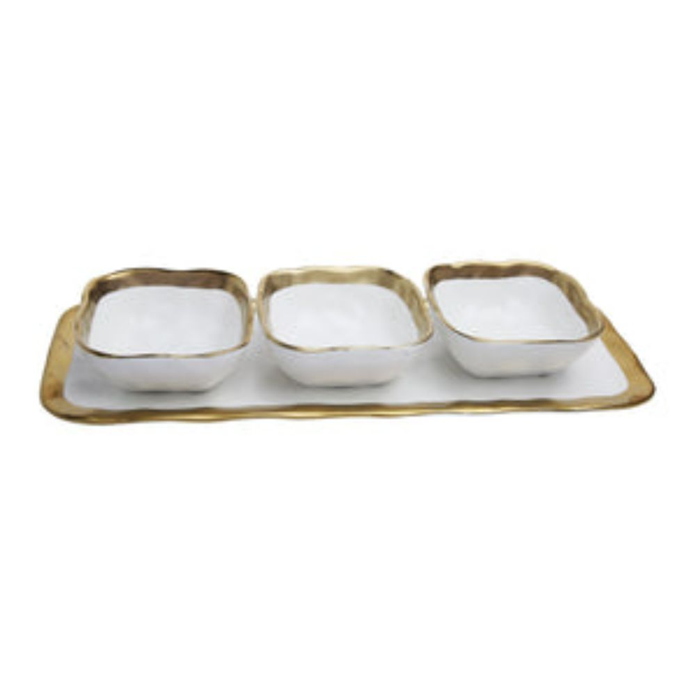 White Porcelain Relish Dish with 3 Square Bowls with Gold Trim