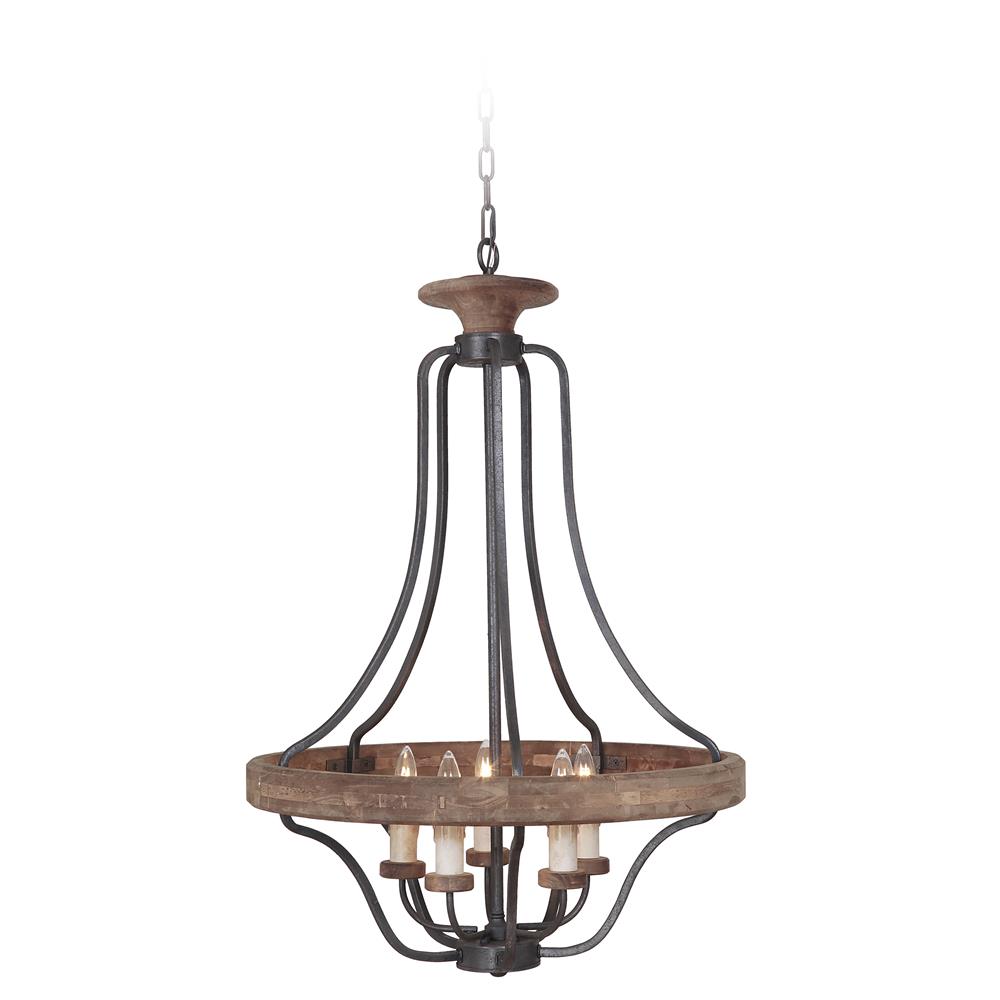 Craftmade 36545-TBWB Ashwood 5 Light Pendant in Textured Black/Whiskey Barrel with Antique White Candle Covers