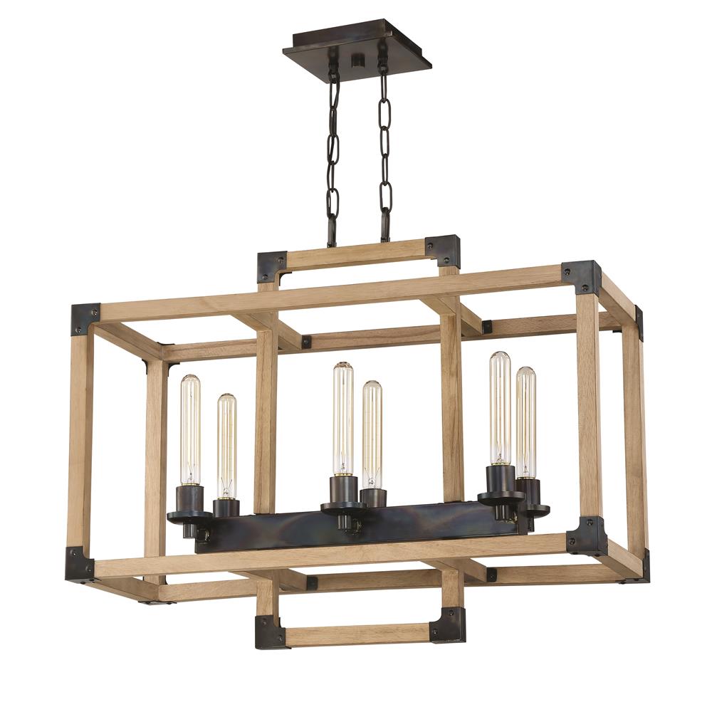 Craftmade 41526-FSNW Cubic 6 Light Chandelier in Fired Steel with Natural Wood