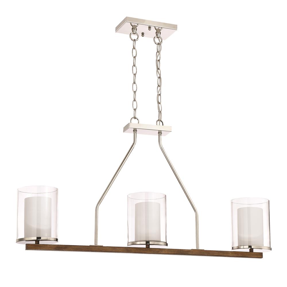 Craftmade 46473-PLNWB Lark 3 Light Island in Polished Nickel and Whiskey Barrel with Frosted Inside and Clear Outside Glass Shade