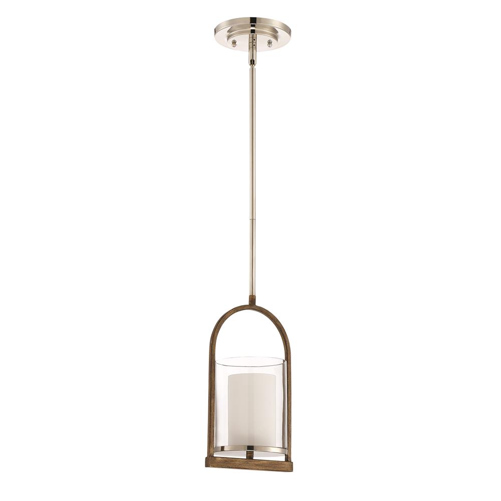 Craftmade 46491-PLNWB Lark 1 Light Pendant in Polished Nickel and Whiskey Barrel with Frosted Inside and Clear Outside Glass Shade