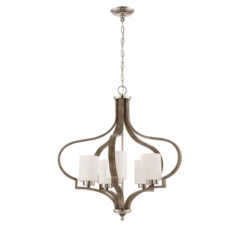 Craftmade 46725-PLNWF Jasmine 5 Light Chandelier in Polished Nickel and Weathered Fir with White Frosted Glass Shade