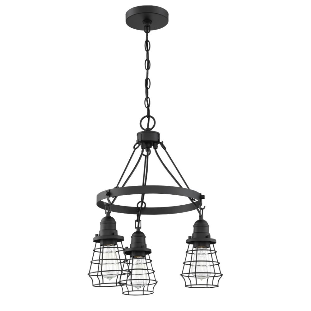 Craftmade 50623-FB Thatcher 3 Light Down Chandelier in Flat Black with Flat Black Cages
