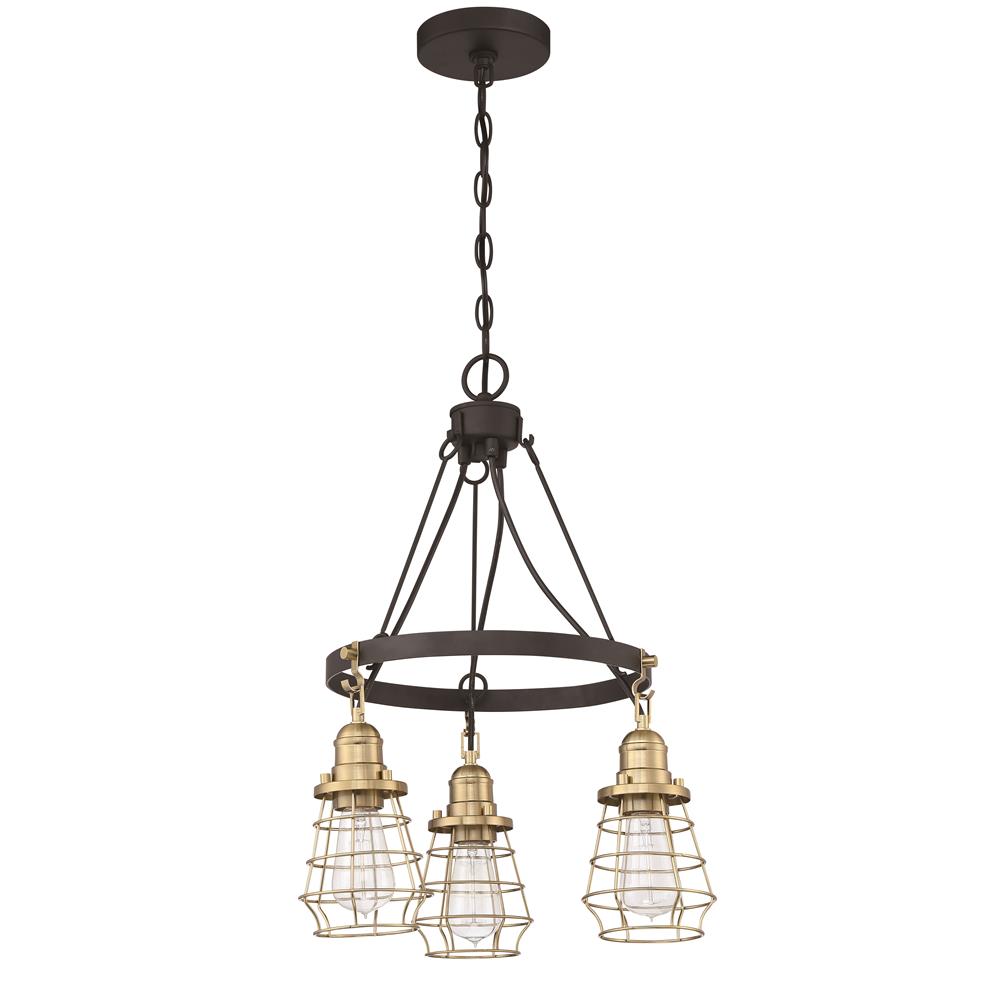 Craftmade 50623-FBSB Thatcher 3 Light Down Chandelier in Flat Black with Satin Brass Cages