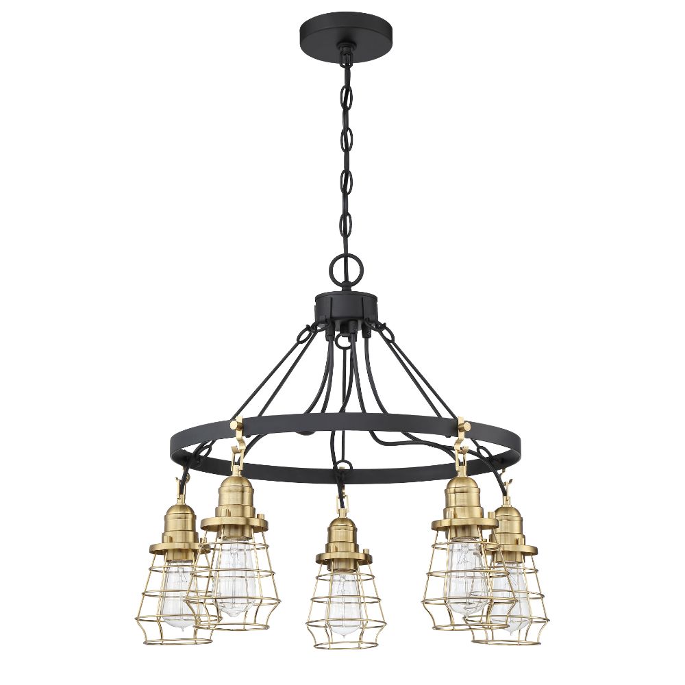 Craftmade 50625-FBSB Thatcher 5 Light Down Chandelier in Flat Black with Satin Brass Cages