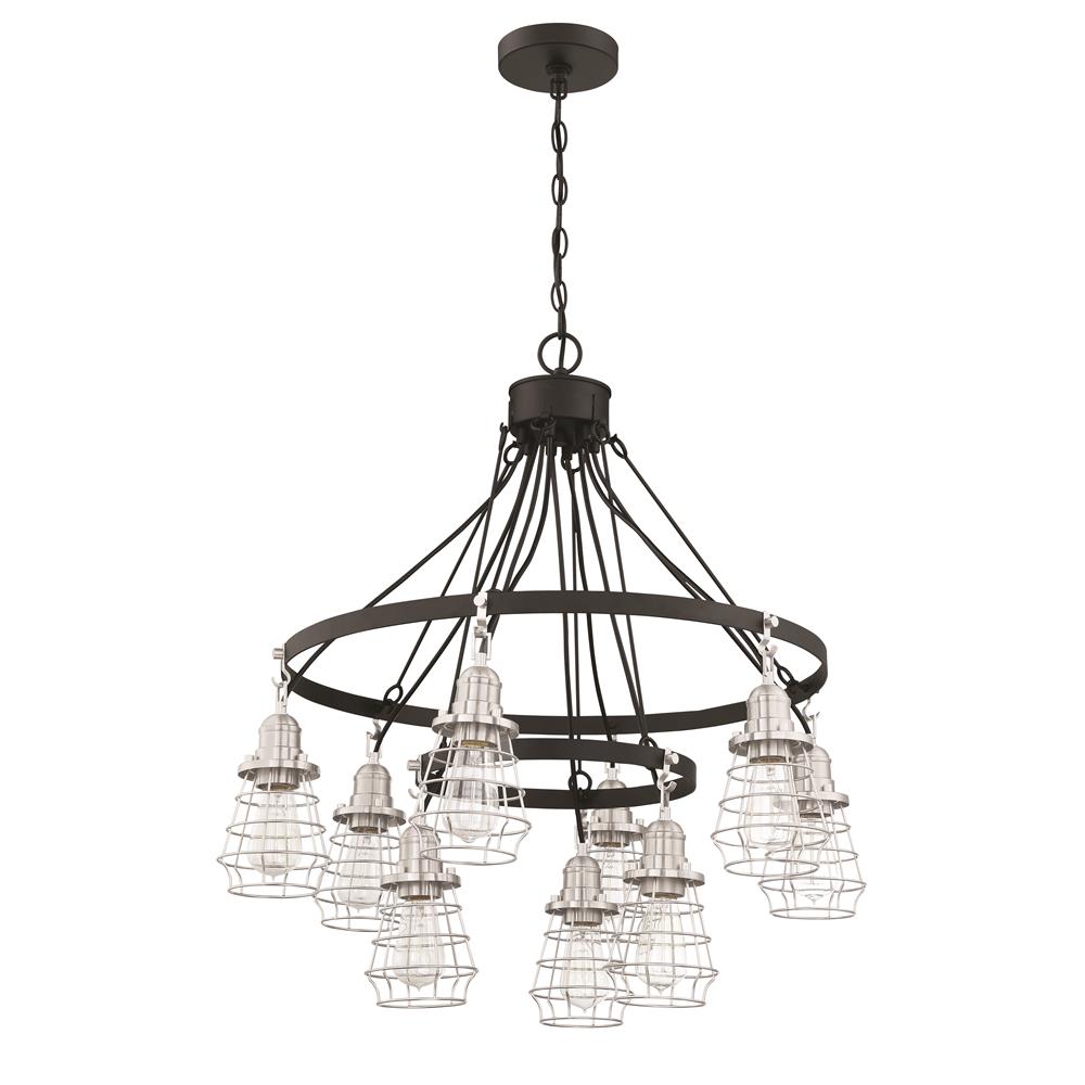 Craftmade 50629-FBBNK Thatcher 9 Light Down Chandelier in Flat Black with Brushed Polished Nickel Cages