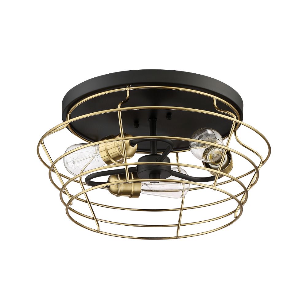 Craftmade 50683-FBSB Thatcher 3 Light Flushmount in Flat Black with Satin Brass Cages