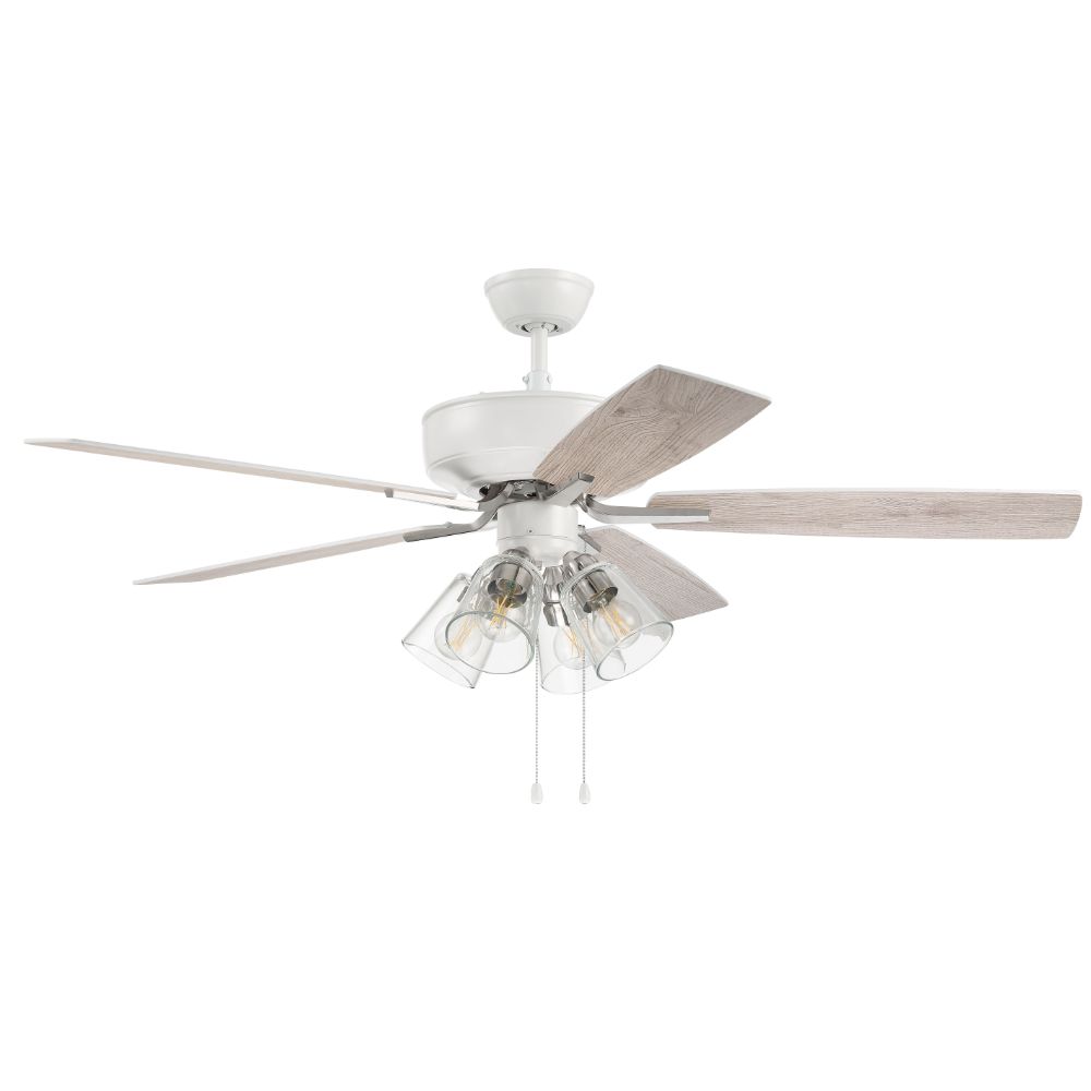Craftmade P104WPLN5-52WWOK 52" Pro Plus Fan with Clear 4 Light Kit in White/Polished Nickel with Reversible White/Washed Oak Blades