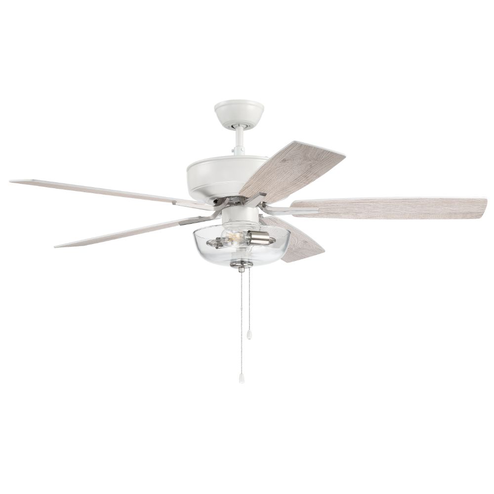 Craftmade P101WPLN5-52WWOK 52" Pro Plus Fan with Clear Bowl Light Kit in White/Polished Nickel with Reversible White/Washed Oak Blades