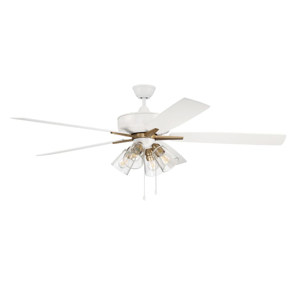Craftmade S104WSB5-60WWOK 60" Super Pro Fan with Clear 4 Light Kit in White/Satin Brass with Reversible White/Washed Oak Blades 