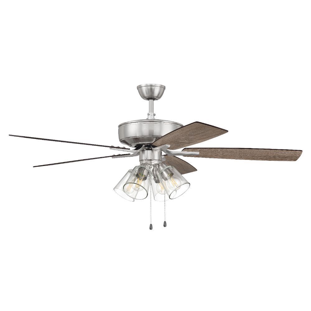 Craftmade P104BNK5-52DWGWN 52" Pro Plus Fan with 4 Light Kit with Clear Glass and Blades in Brushed Polished Nickel