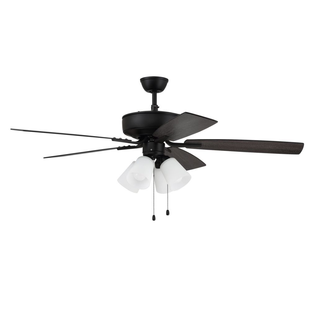 Craftmade P114FB5-52FBGW 52" Pro Plus Fan with 4 Light kit with White Glass and Blades in Flat Black