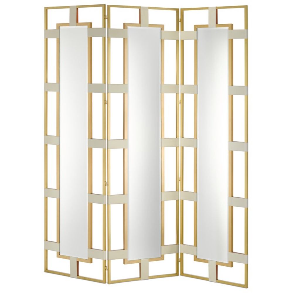 Currey & Company 1000-0084 Camille Screen in Cream/Brushed Brass/Mirror