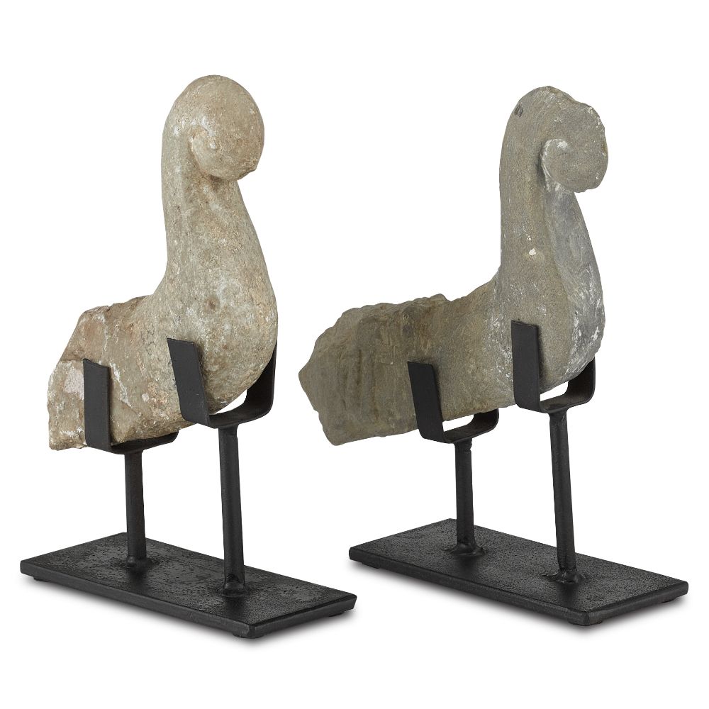 Currey & Company 1200-0259 Magpie Stone Bird Set of 2 in Natural Stone/Black